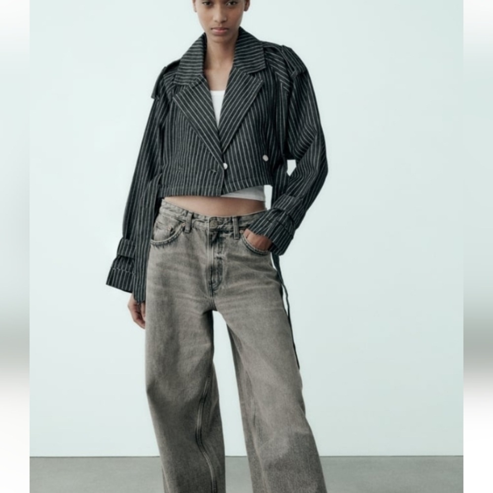 Zara Oversized Striped Cropped Denim Trench